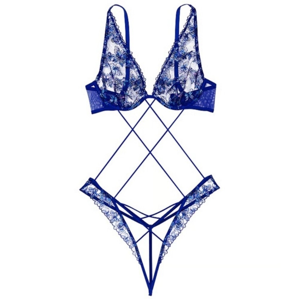 New! Victoria’s Secret Blue Butterfly Strappy Crotchless Bodysuit 4300
